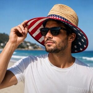 MAD Engine American Flag Straw Lifeguard Hat Patriotic USA Wide Brim Beach OS